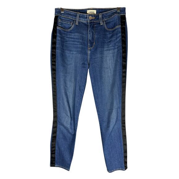 L'Agence Margot Skinny High Rise Neptune Jeans Sz 28 Black Satin Side Stripe USA - Picture 2 of 15